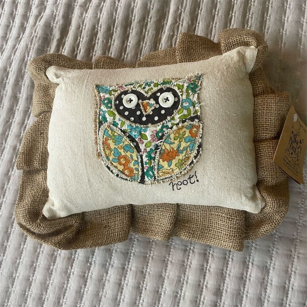 Glory Haus Owl Throw Pillow Embroidered Handmade Burlap‎ Trim Rustic Decor